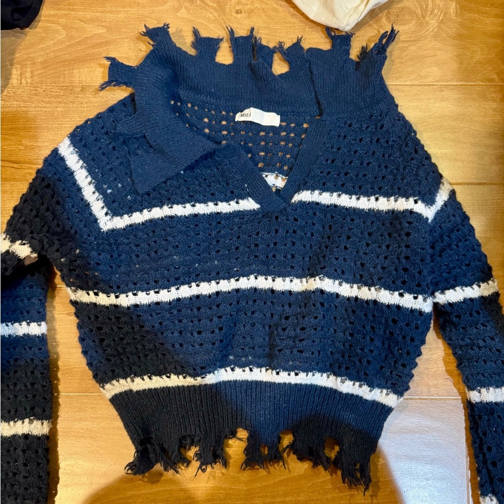 Navy and White Striped Distressed Crochet Cropped Collared Sweater